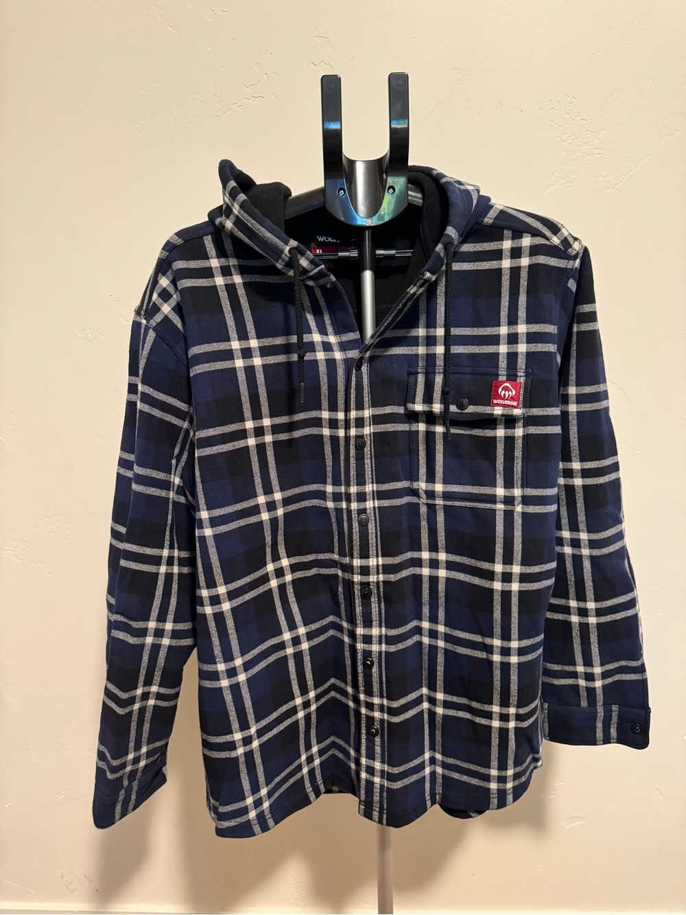 Wolverine Navy and White Plaid Hooded Shirt Jacket